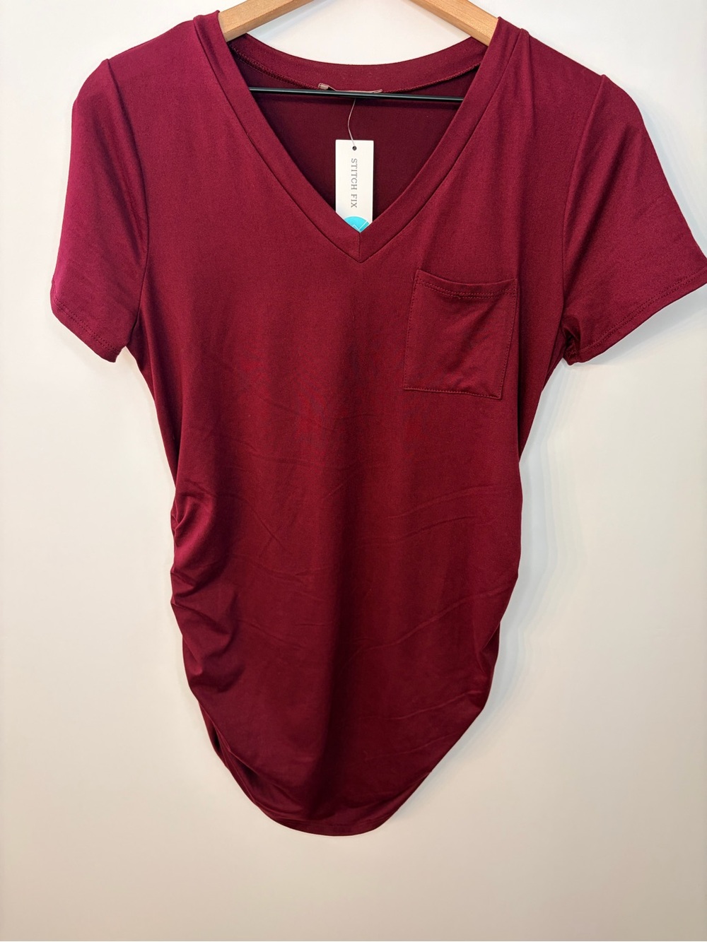 *NWT* Full Moon Maternity Women’s V Neck Burgundy Pocket Tee, Size Large